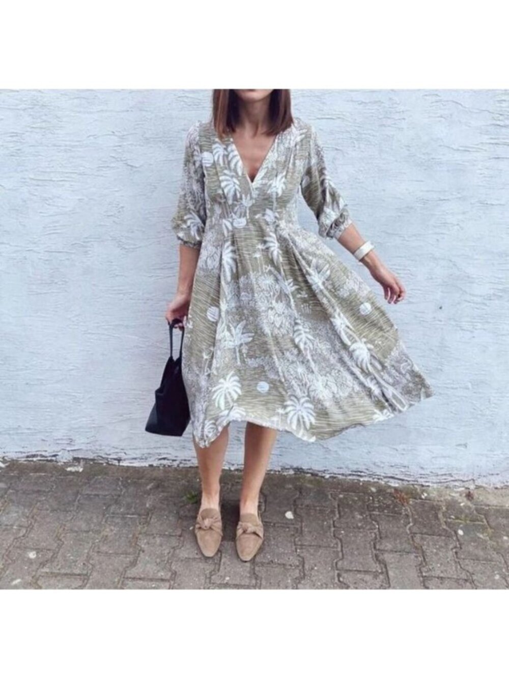 Desmond Dempsey x H&M Pleated Viscose Linen Tropiçal Vacation Midi Dress Size S